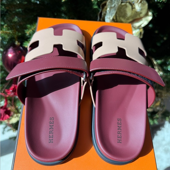 HERMES H CHYPRE ROUGE H BEIGE PERLINO LEATHER SANDALS SHOES FLAT SLIDES 37 NIB - Picture 6 of 15